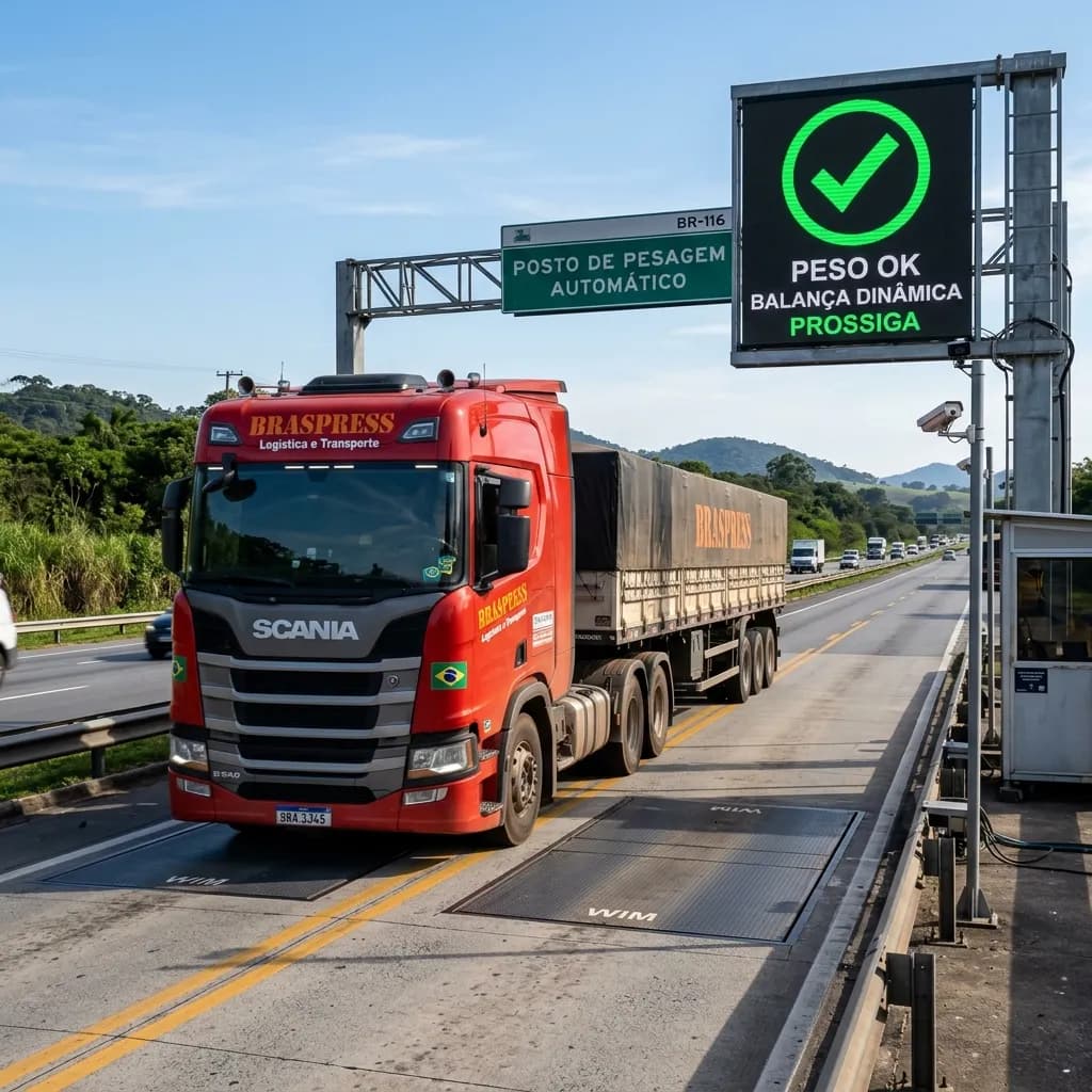 Caminhão tracionando bitrem estacionado sobre a plataforma de pesagem de uma balança fiscal rodoviária