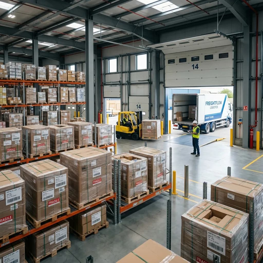 Docas de um Cross-docking moderno consolidando pallets de múltiplos clientes em um único caminhão