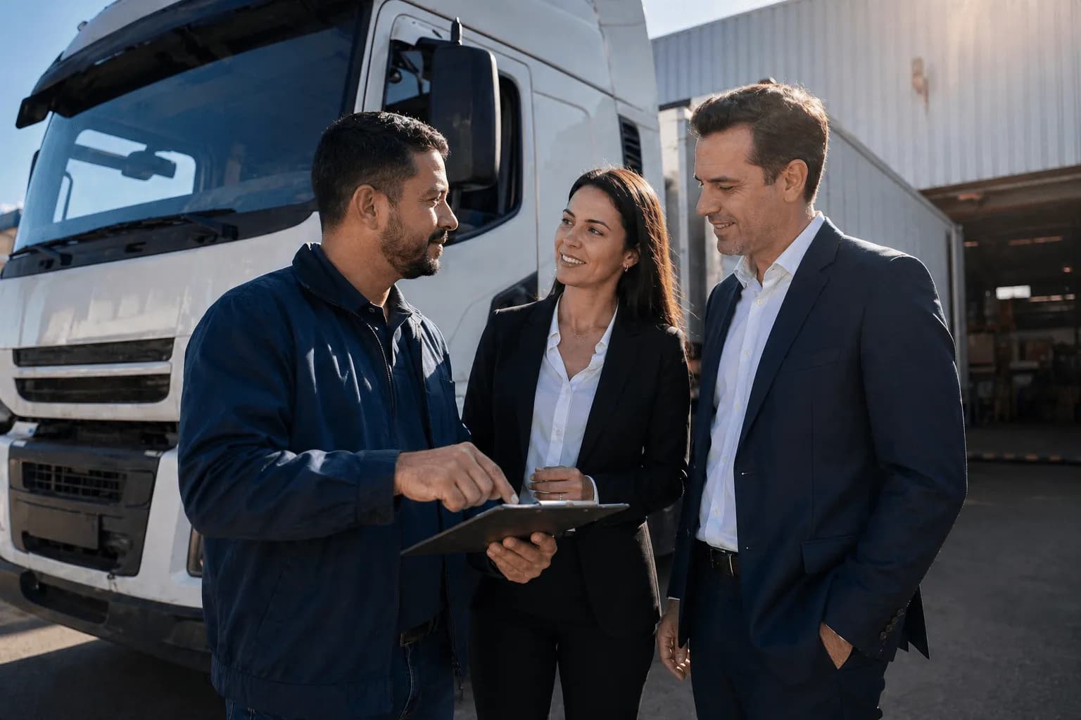 Gestor de transportadora assinando apólice de seguro com corretor
