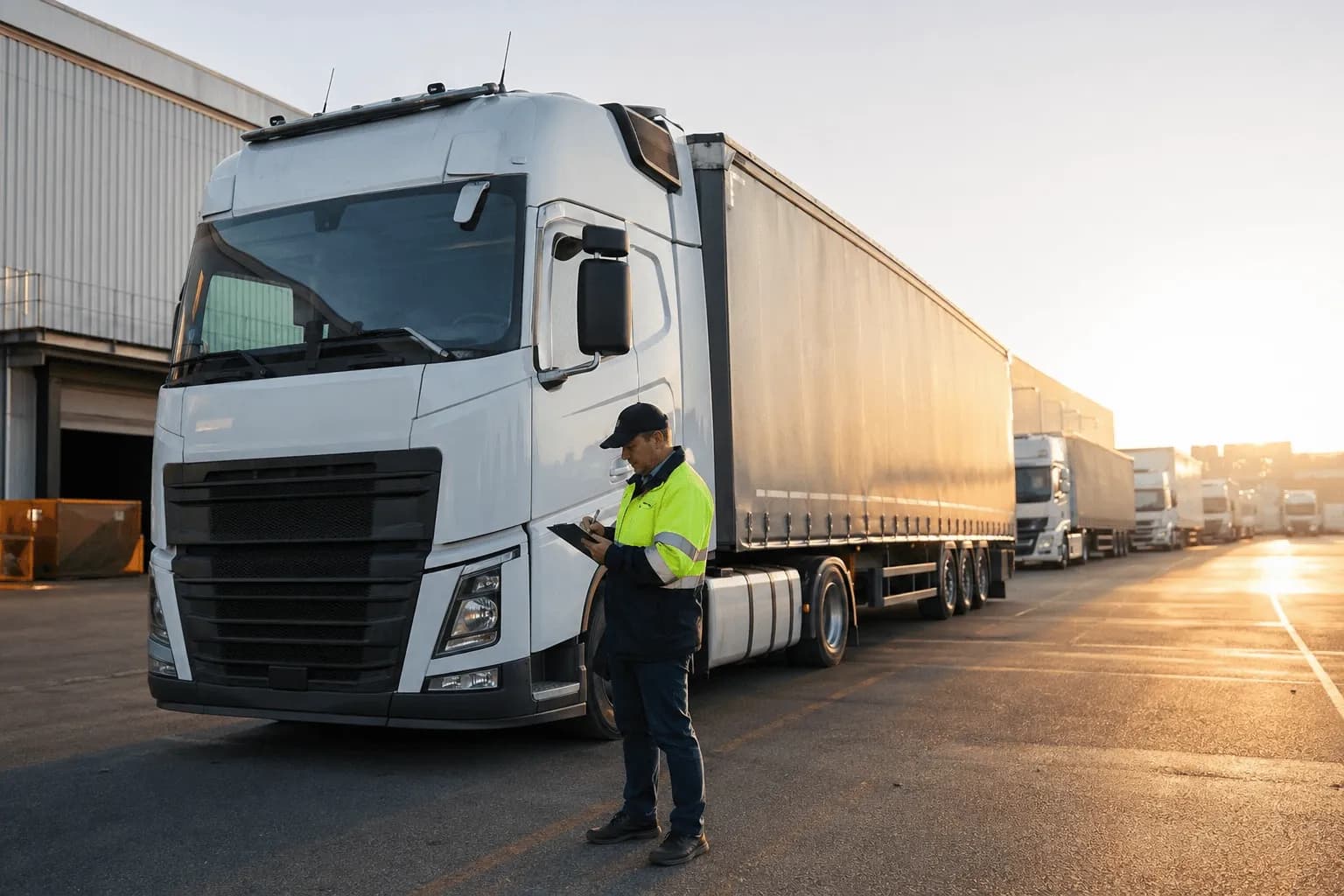 Pátio rodoviário mostrando diversas carrocerias, de carretas frigoríficas a graneleiros articulados