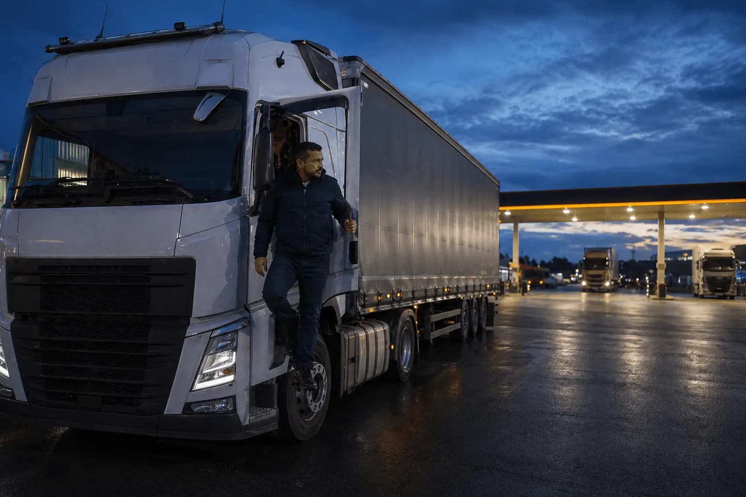 Caminhão Scania bitrem estacionado em um posto na rodovia Régis Bittencourt durante o entardecer