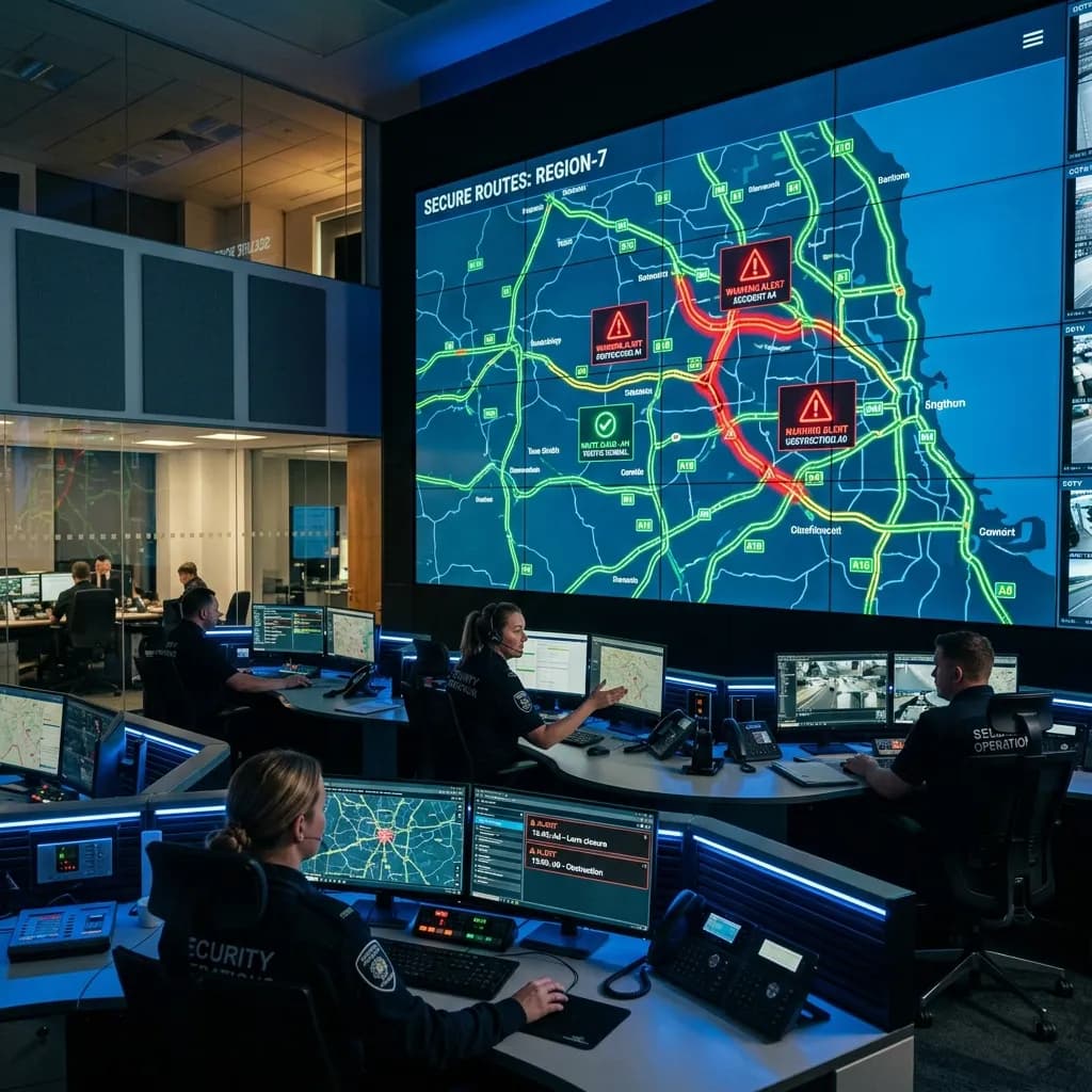 Centro de Controle Operacional (CCO) monitorando mapa de rotas de caminhões com zonas de risco vermelhas