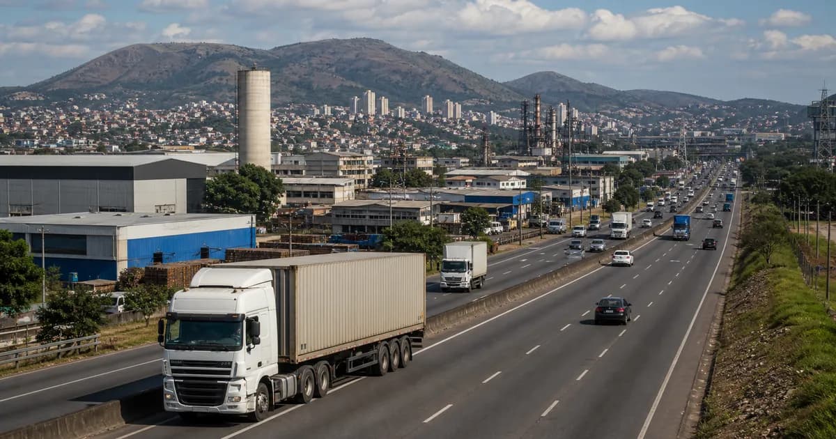 Corredor industrial com caminhões entre Contagem, Betim e São Paulo