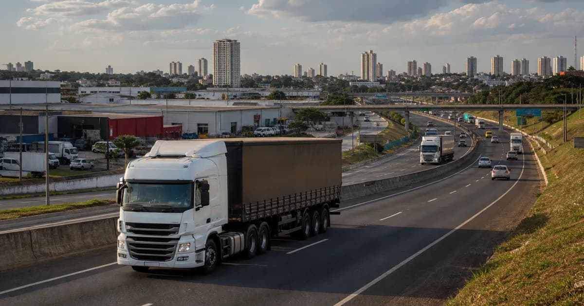 Caminhão de carga em corredor rodoviário entre Goiânia e São Paulo com contexto de frete comercial