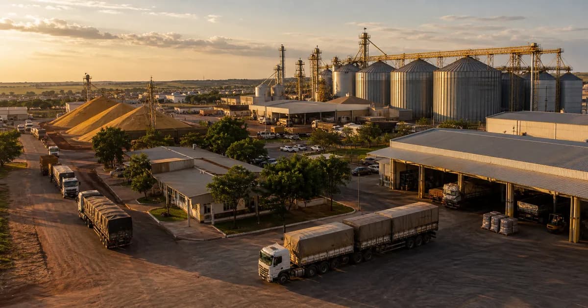 Operação logística do agronegócio em Lucas do Rio Verde com caminhões e estruturas de armazenagem