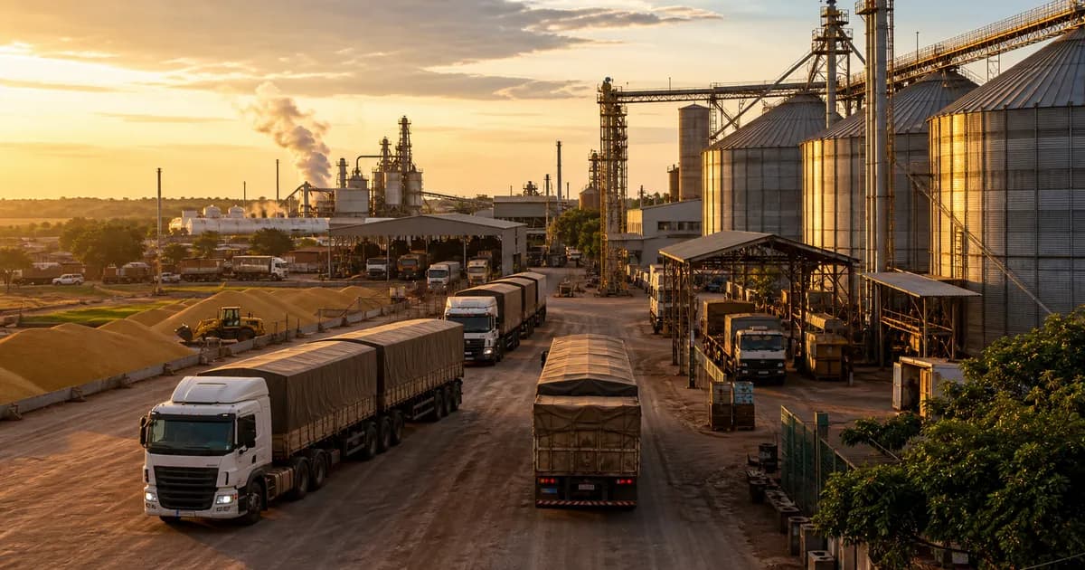 Operação agroindustrial em Tangará da Serra com caminhões de carga e estrutura de armazenagem
