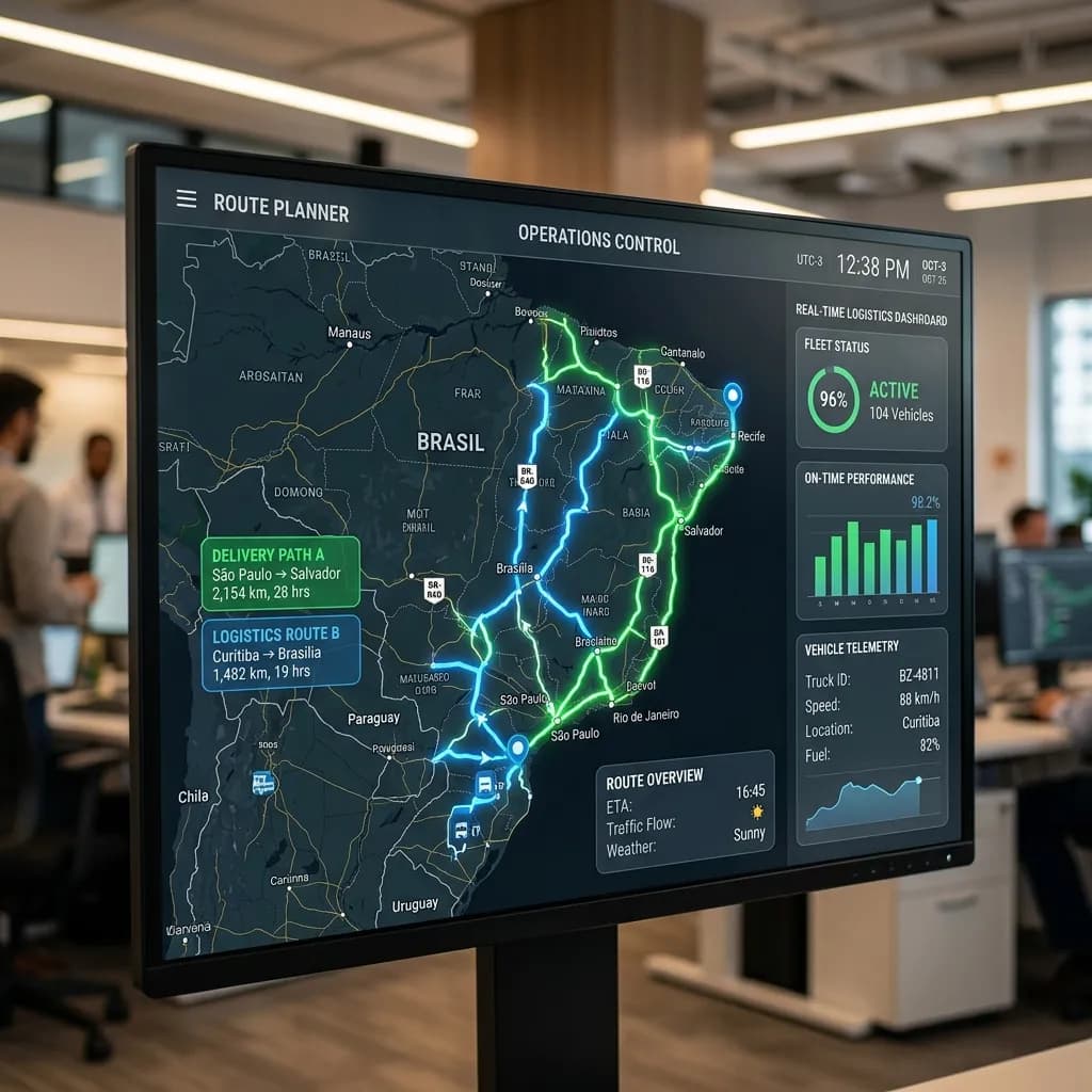 Mapa digital 3D roteirizando trajeto de carretas pesadas evitando zonas de restrição urbana
