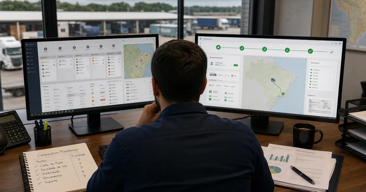 Comparativo de plataformas de frete digital com dashboard de tecnologia logística em tela