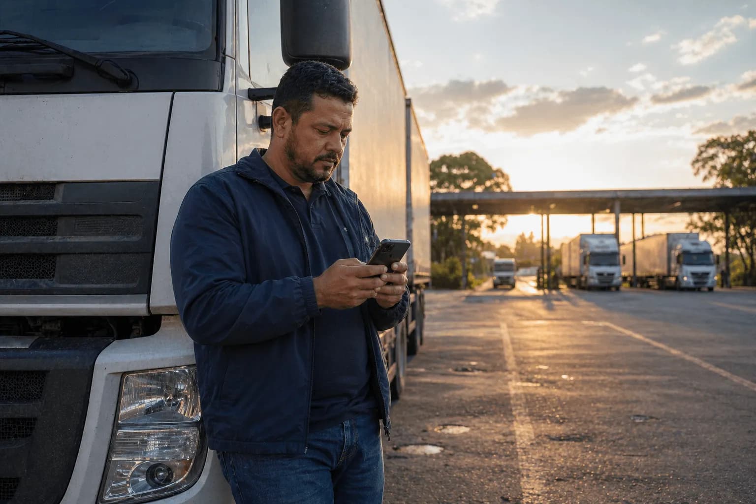 Motorista frustrado com o celular na mão durante parada rodoviária, olhando para um formulário de cadastro infinito