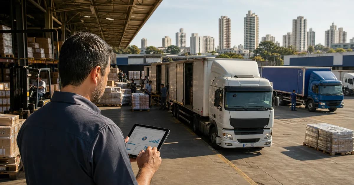 Operação logística em Cuiabá e Várzea Grande com gestor em doca e caminhões de distribuição urbana