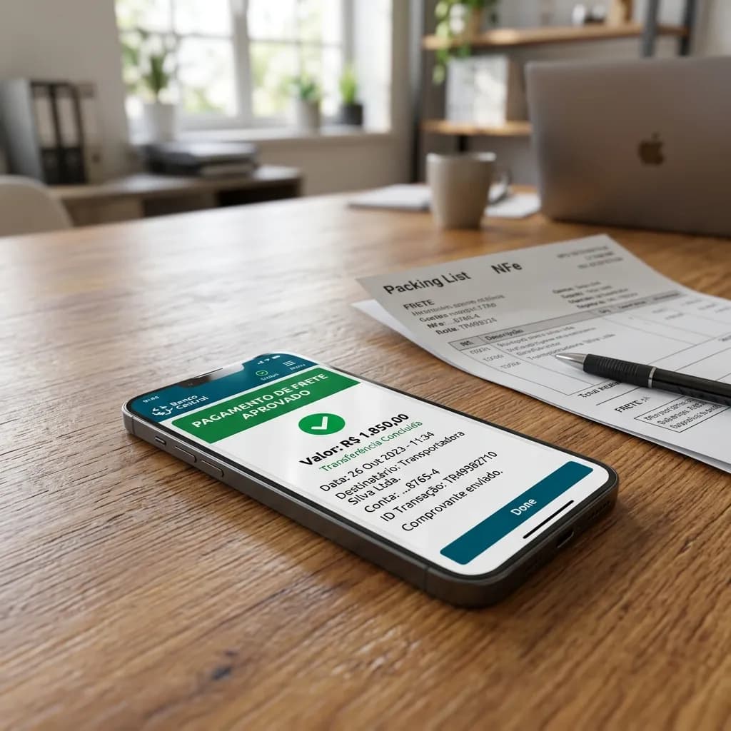Dispositivo móvel mostrando um comprovante de pagamento digital de frete com segurança jurídica