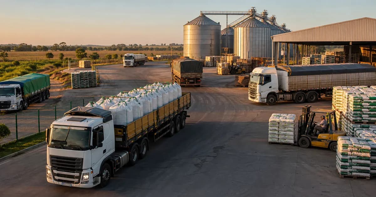 Caminhões transportando fertilizantes e insumos agrícolas em operação logística rumo a Mato Grosso