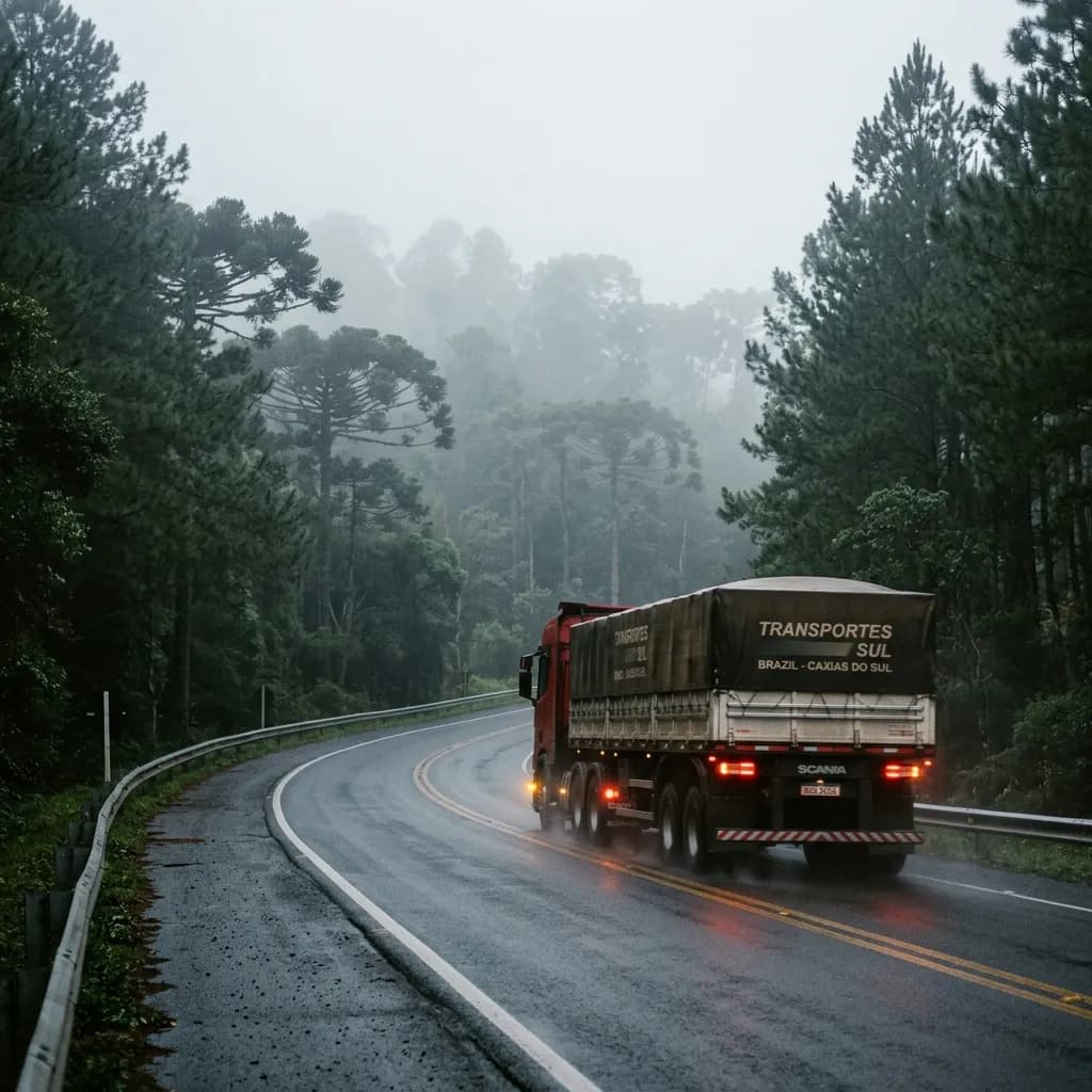 Corredor logístico do Sul do Brasil com caminhões graneleiros e frigorificados