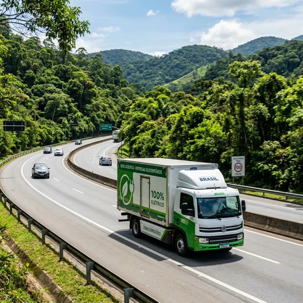 Caminhão elétrico e caminhão a gás biometano transitando lado a lado em rodovia sustentável