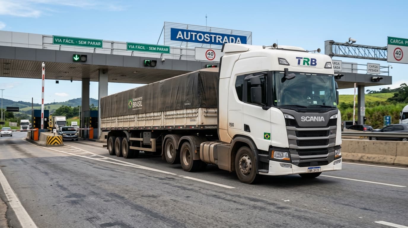 Caminhão Scania branco passando por cabines de pedágio automático em rodovia federal com eixos traseiros suspensos