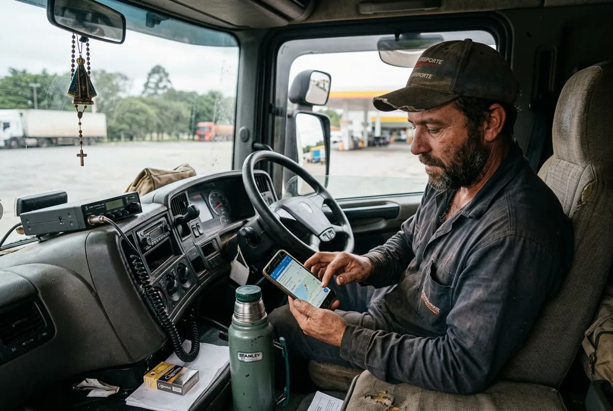 Motorista buscando fretes no celular